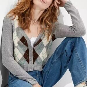 American Eagle M Gray‎ Argyle Cropped Cardigan Academia Eco Cozy Layer Fall Y2K